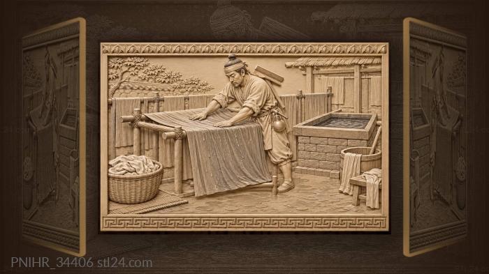 Красильщик разглаживает ткань на сушилке