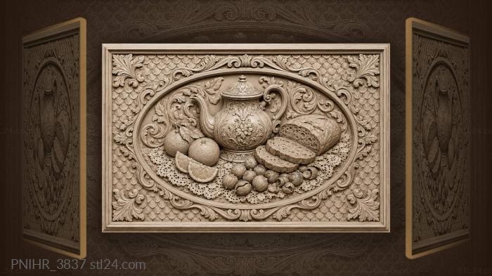 Серебряный чайник собирает хлеб апельсины и орехи