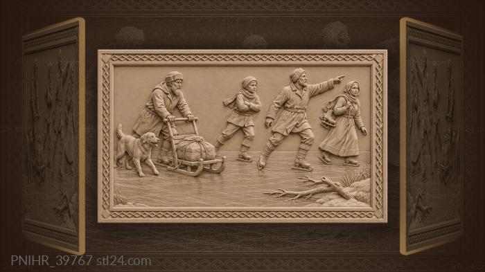 Женщина несет коньки рядом с санями