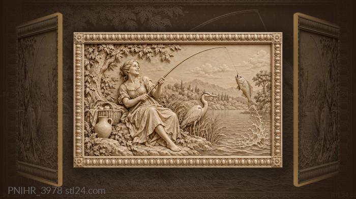 Рыбачка подсекает рыбу рядом с цаплей