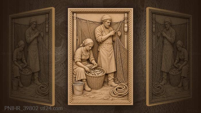 У корзины рыбак чинит сеть