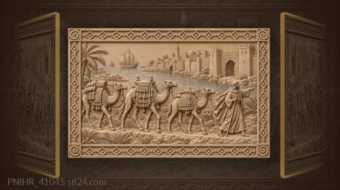 Корабль у реки за крепостной стеной