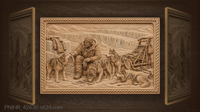Кормит хаски у ледника
