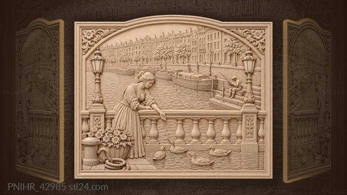 Женщина кормит уток с мостовой ограды
