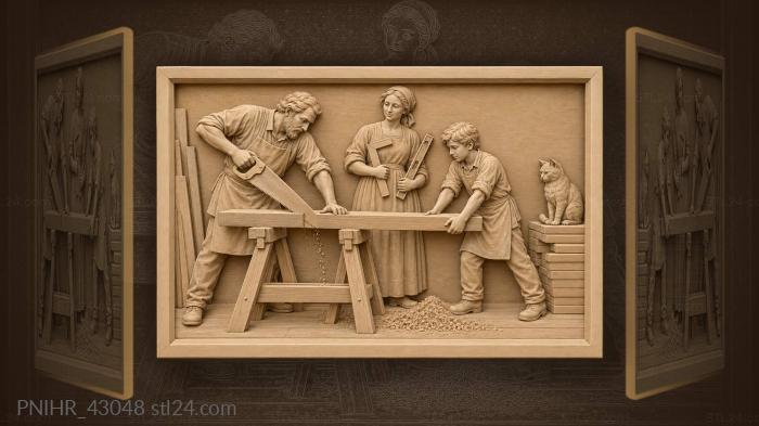 Ученик помогает плотнику пилить доску