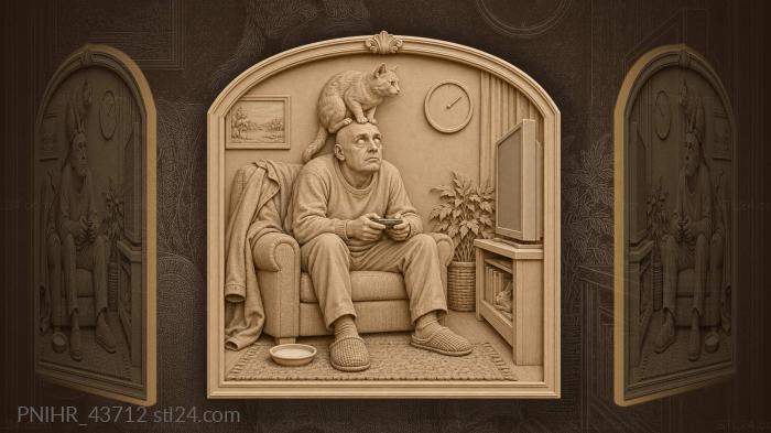 Хозяин замирает под котом у телевизора