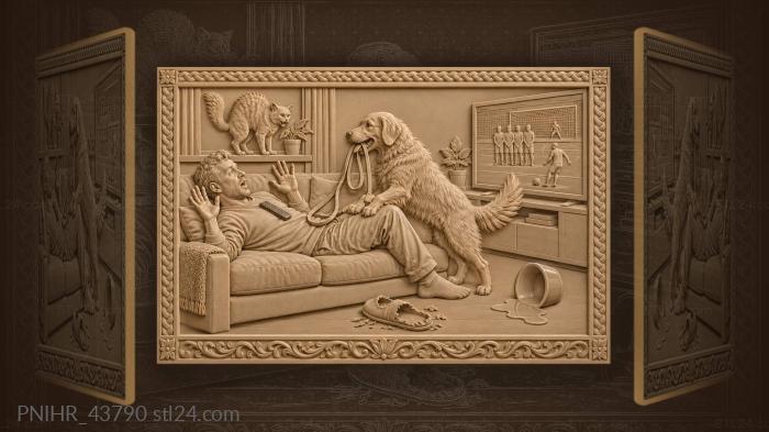 Кот с подоконника следит за псом