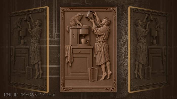 Кот мешает мужчине включить кофеварку