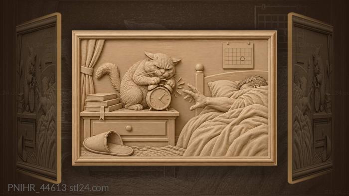 Кот зажимает лапами звонящий будильник