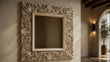 Decorative frames, framing Carved wooden square mirror frame with swirls and floral elements 3d model