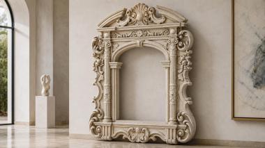 Decorative frames, framing Classical architectural portal with an arched vault and volutes 3d model