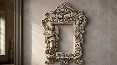 Decorative frames, framing Carved frame with an angel and floral scrolls 3d model