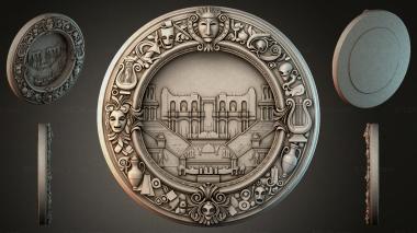Decorative frames, framing Round medal with a palace and theatrical masks in the ornament 3d model