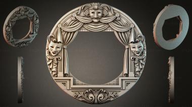 Decorative frames, framing Theatrical round mask with dramatic faces and drapery 3d model