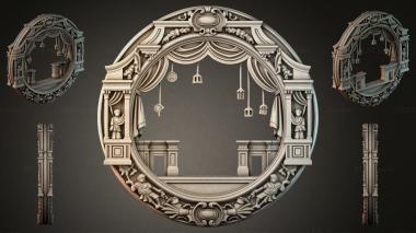 Decorative frames, framing Theatre stage with colonnade and curtain in a round frame with ornament 3d model