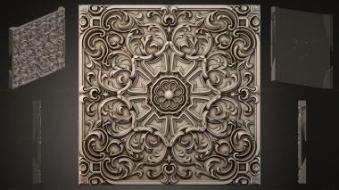 Round decor, rosettes Carved square panel with baroque scrolls and a central flower 3d model