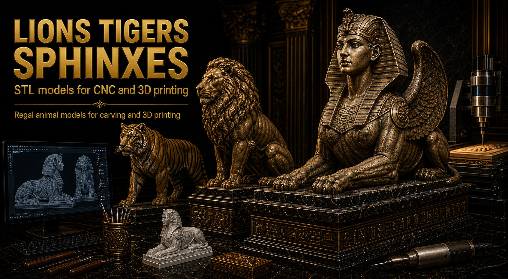 Figurines lions tigers sphinxes 3D модели для ЧПУ