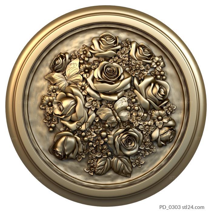 Панно (Розы в круглом медальоне, PD_0303) 3D модель для ЧПУ станка