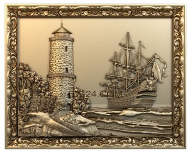 Панно художественные (Море маяк корабль, PH_0013) 3D модель для ЧПУ станка