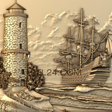 Панно художественные (Море маяк корабль, PH_0013) 3D модель для ЧПУ станка