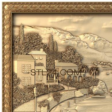 Панно художественные (Поселок в горах у реки, PH_0025) 3D модель для ЧПУ станка