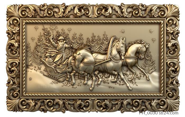 Панно художественные (Дед Мороз на тройке коней, PH_0030) 3D модель для ЧПУ станка