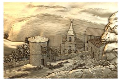 Панно художественные (Деревня в горах, PH_0035) 3D модель для ЧПУ станка