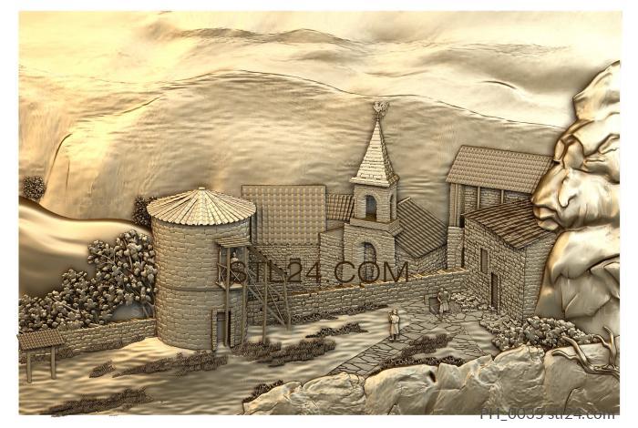 Панно художественные (Деревня в горах, PH_0035) 3D модель для ЧПУ станка