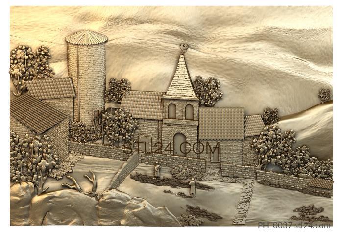 Панно художественные (Деревня в горах-2, PH_0037) 3D модель для ЧПУ станка