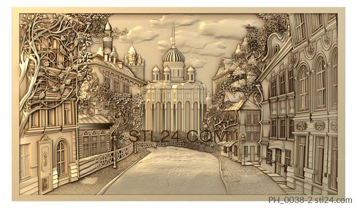 Панно художественные (Старый город храм, PH_0038-2) 3D модель для ЧПУ станка