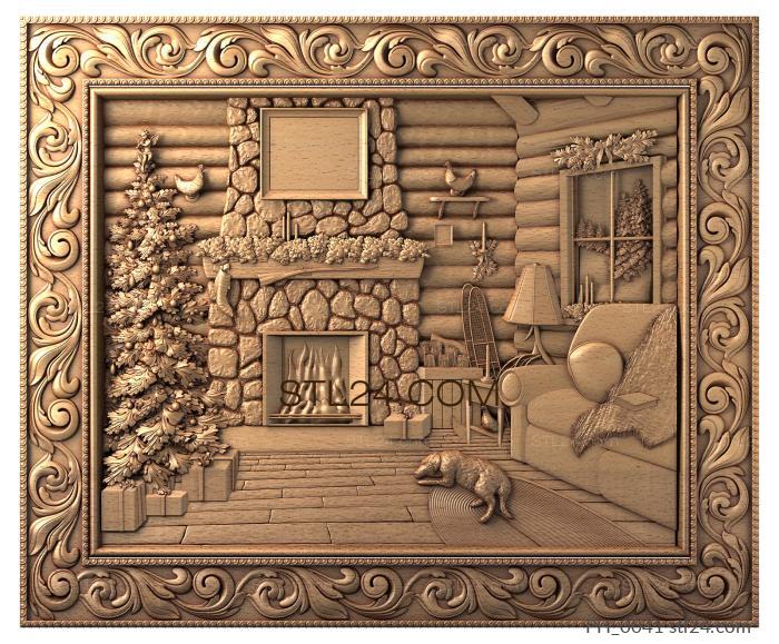 Панно художественные (Дом елка камин, PH_0041) 3D модель для ЧПУ станка