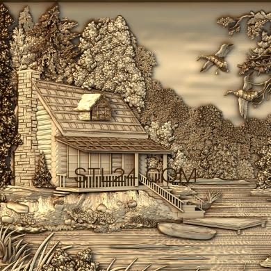 Панно художественные (Пейзаж природа река дом, PH_0047) 3D модель для ЧПУ станка