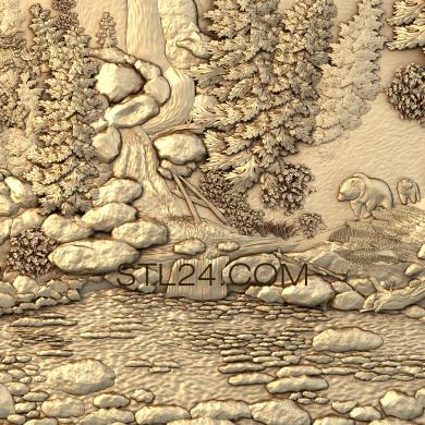 Панно художественные (Природа лес озеро медведи, PH_0060) 3D модель для ЧПУ станка