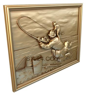 Панно художественные (Рыбак и кот, PH_0086) 3D модель для ЧПУ станка