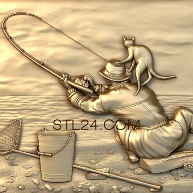 Панно художественные (Рыбак и кот, PH_0086) 3D модель для ЧПУ станка