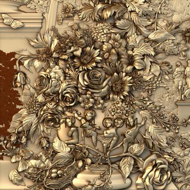 Панно художественные (Цветы ваза с ангелами, PH_0091) 3D модель для ЧПУ станка
