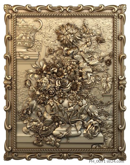 Панно художественные (Цветы ваза с ангелами, PH_0091) 3D модель для ЧПУ станка