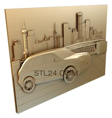 Панно художественные (Автомобиль в мегаполисе, PH_0098) 3D модель для ЧПУ станка