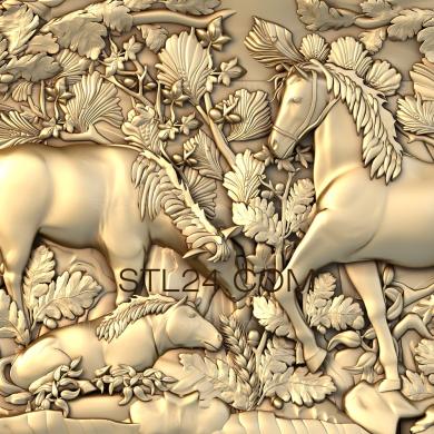 Панно художественные (Лошади в лесу, PH_0229) 3D модель для ЧПУ станка