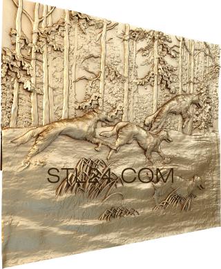 Панно художественные (Гончие в лесу, PH_0284) 3D модель для ЧПУ станка